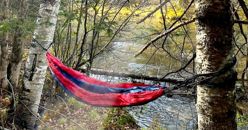 A red and blue hammock hangs between two aspen trees on the bank of a river on a clear fall day.