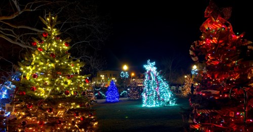 Display of festively lit Christmas trees in Chagrin Falls, Ohio