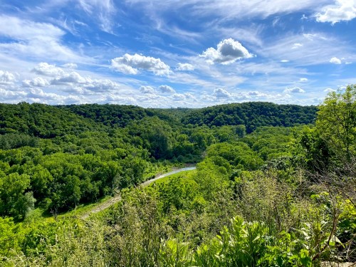 A scenic view of lush green hills and a winding river under a blue sky with fluffy clouds.
