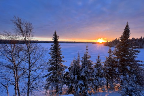 A serene winter landscape with snow-covered trees and a vibrant sunset over a frozen lake.