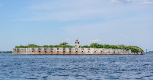 a shot of the abandoned fort carroll surrounded by water in Maryland