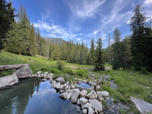 A serene landscape featuring a clear pond surrounded by rocks, lush green grass, and tall trees under a blue sky.