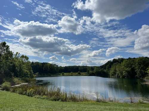 Fluffy clouds and a blue sky hover over Indigo Lake in Ohio's Cuyahoga Valley National Park.