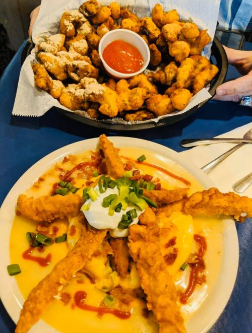 A plate of crispy chicken strips on cheese sauce, topped with green onions and sour cream, alongside a basket of fried bites.