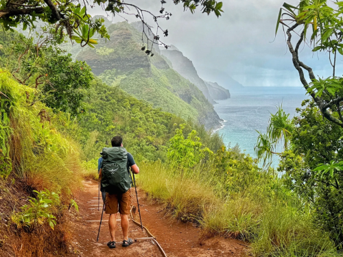 A hiker with a backpack walks along a lush, coastal trail overlooking the ocean and steep cliffs under a cloudy sky.