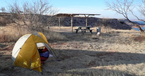 a tent pitched near a picnic table during winter at lake meredith national rec area in Texas