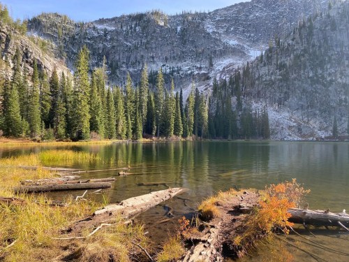 A serene lake surrounded by tall pine trees and rocky mountains, with autumn foliage and logs along the shore.
