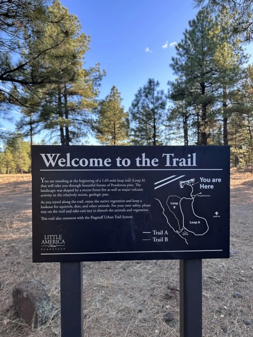Sign welcoming visitors to a 1.6-mile loop trail in Ponderosa Pine forest, with trail maps and connections to other trails.