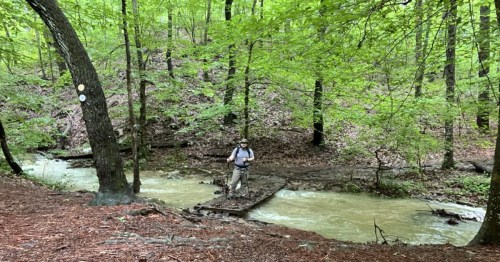 A male hiker crosses a small footbridge over a rushing creek at Oak Mountain State Park in Alabama.