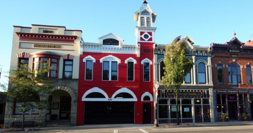 A colorful stretch of Victorian-era storefronts in Ohio's Historic Medina Square.