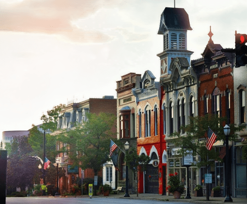 A colorful stretch of Victorian-era storefronts in Ohio's Historic Medina Square.