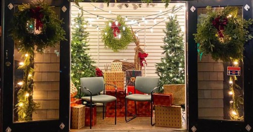 view of two chairs and christmas decor inside a hut in newport rhode island