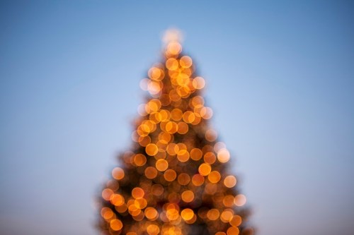 A blurred Christmas tree adorned with warm, glowing lights against a soft blue sky.