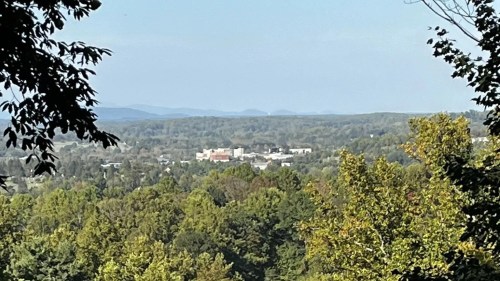 A scenic view of a valley with trees, a small town, and distant mountains under a clear blue sky.