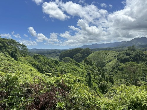 Lush green hills and valleys under a bright blue sky with scattered clouds, showcasing a vibrant natural landscape.