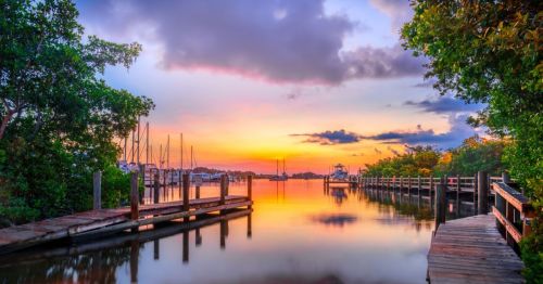 A gorgeous golden sunrise from a boat ramp in Venice, Florida