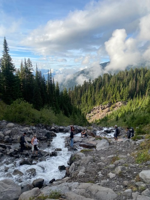 A group of people exploring a rocky riverbank surrounded by lush green trees and mountains under a cloudy sky.