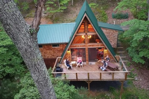 A view from the trees looking down on the beautiful A-Frame cabin known as Santi’s Lost Stream.
