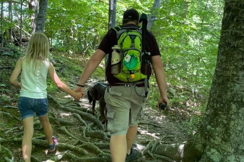 A father and daughter holding hands while hiking in the Tennessee woods.