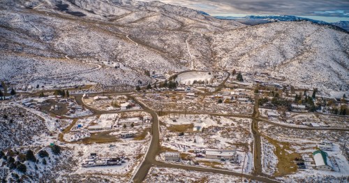 An aerial view of Austin, Nevada, after a light dusting of snow covers the ground.