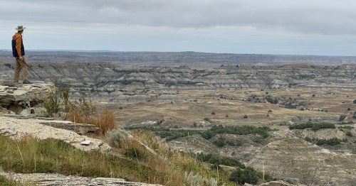 Man in hat and jacket stands on a rocky outcrop, looking out over the vast, layered badlands landscape under a cloudy sky.