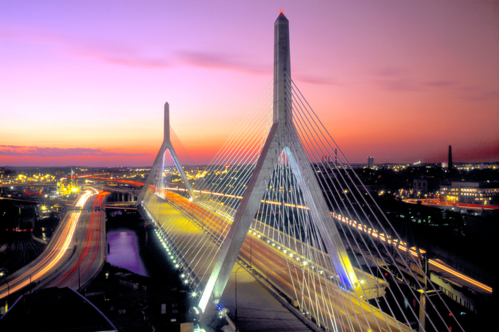 Sunset view of Leonard P. Zakim Bunker Hill Memorial Bridge.