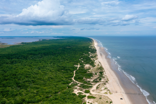Overhead view of an undeveloped Virginia beach and the Atlantic Ocean.