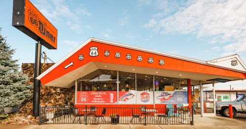 exterior of route 66 cafe in williams arizona with orange signage
