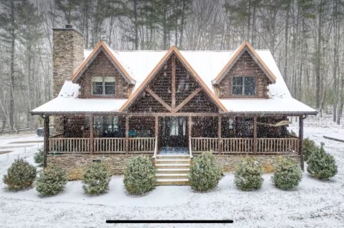 A snowy day blanketing a charming log cabin and the surrounding forest in a fresh layer of snow.