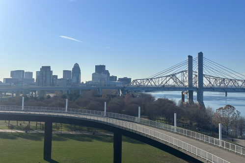 Downtown Louisville, Kentucky skyline from a pedestrian bridge starting at Waterfront Park