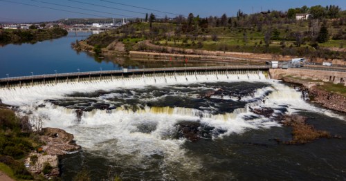 An aerial view of the Black Eagle Dam in Great Falls, Montana.