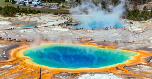 Large multi-colored hot spring in Yellowstone National Park.