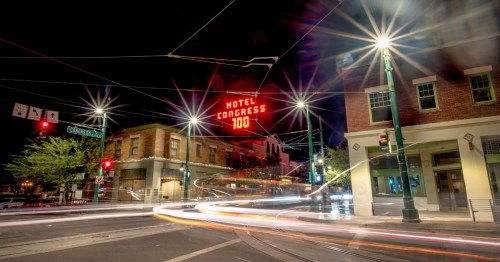 the glowing red sign of the hotel congress in tucson arizona