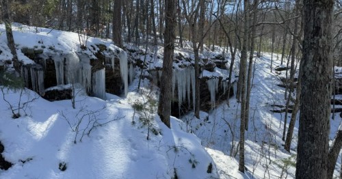 A snowy scene on a Missouri hiking trail