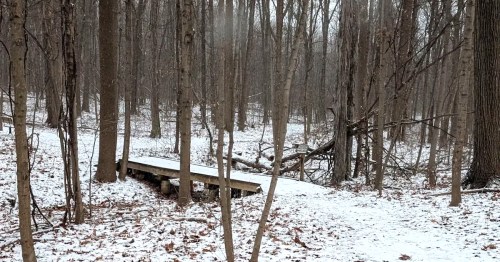 A small wooden footbridge crosses over a ravine on a snow-covered trail surrounded by bare trees at Princess Ledges Nature Preserve in Ohio.