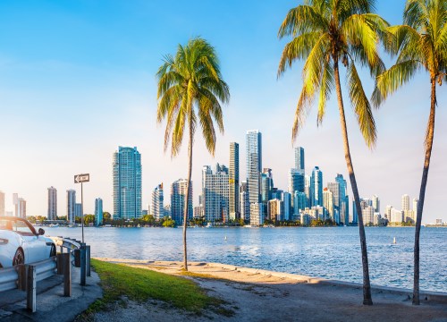 Skyline of Miami, Florida, with high-rise buildings along the waterfront