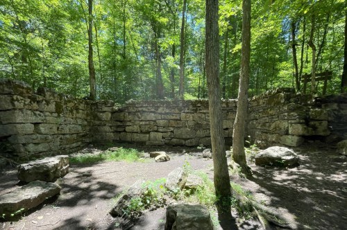 Tall trees in a forest enclose these abandoned ruins with a large stone wall covered in moss from years of neglect.