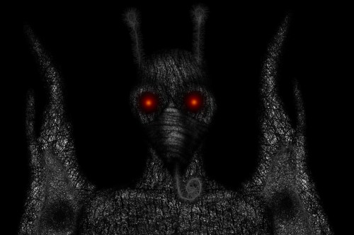 A dark image depicting a gray human-like creature with wings, a long tongue, large wings, and glowing red eyes.