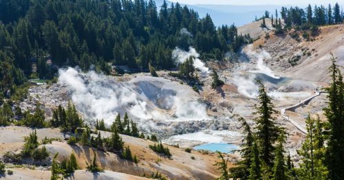 the simmering springs and mountain landscape of Bumpass Hell Trail in Lassen Volcanic State Park