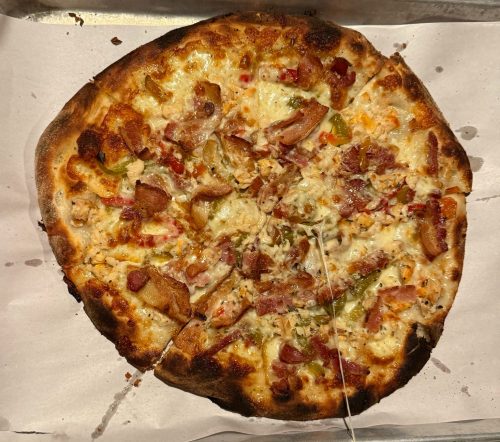 A clams casino pizza from the Modern Apizza restaurant in New Haven, CT.