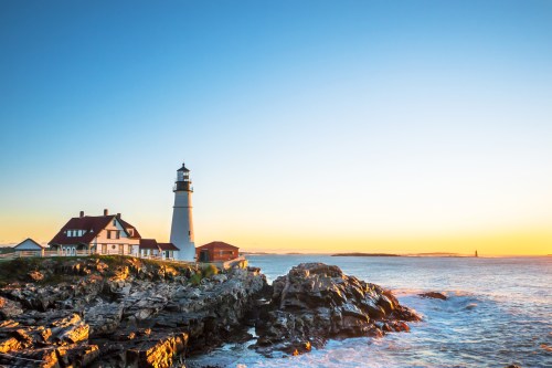 Portland Head Lighthouse at Fort Williams, Maine at sunrise