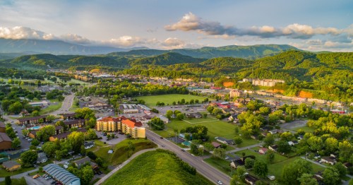 An aerial view of Sevierville, Tennessee.