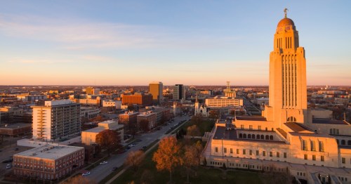 aerial view of the state capital in Lincoln, Nebraska, during sunset