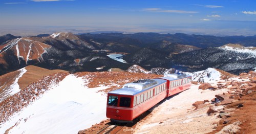 A red train at the top of Pikes Peak in Colorado.