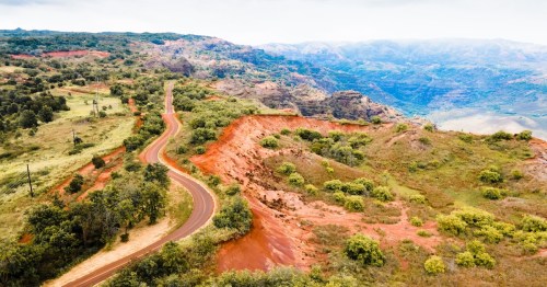 a winding road on a reddish-colored hill filled with trees in the waimea canyon in hawaii
