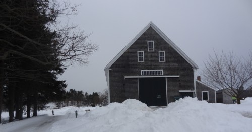 A weathered gray barn stands behind large snowdrifts under a gray winter sky.