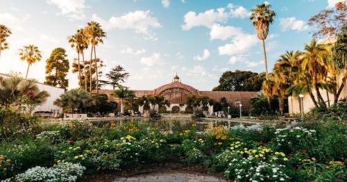 botanical gardens with lush green bushes and trees by a building in balboa park