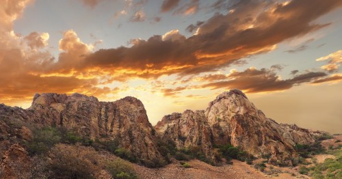 Panorama of a Golden Sunset On the Eroded Mountains of Big Bend National Park, Texas