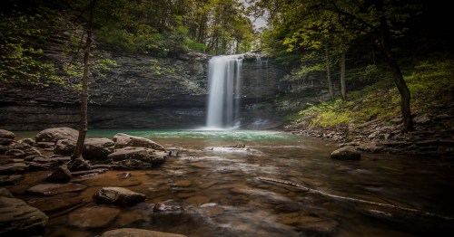 The waterfall at Cherokee Falls pouring down in Cloudland Canyon State Park in Georgia.