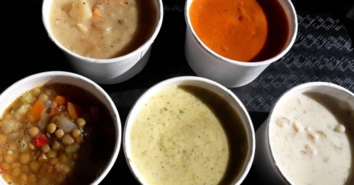 Variety of soups, including clam chowder, at Destination Soups in Massachusetts.
